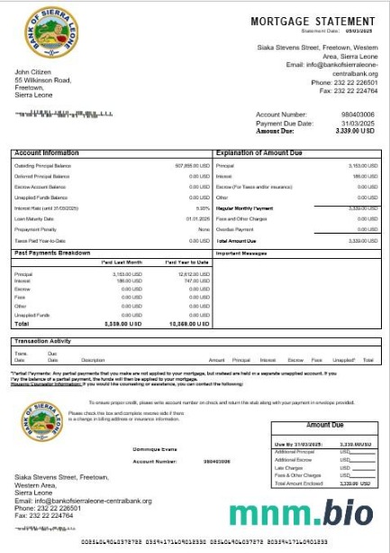 Sierra Leone Bank of Sierra Leone wyciąg z kredytu hipotecznego w formatach Word i PDF